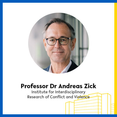Square image with round photo of Professor Dr. Andreas Zick, Director of the Institute for Interdisciplinary Research on Conflict and Violence (IKG) at Bielefeld University, lettering with the name of the Institute below the photo.