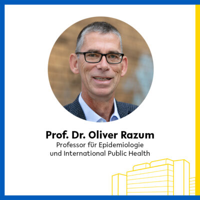 Kasten mit blau-gelbem Rahmen und einem Foto von Prof. Dr. Oliver Razum