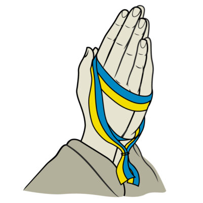 Zeichnung von zwei gefalteten Händen, um die ein Stoffstreifen in den Farben der Ukraine gewickelt ist