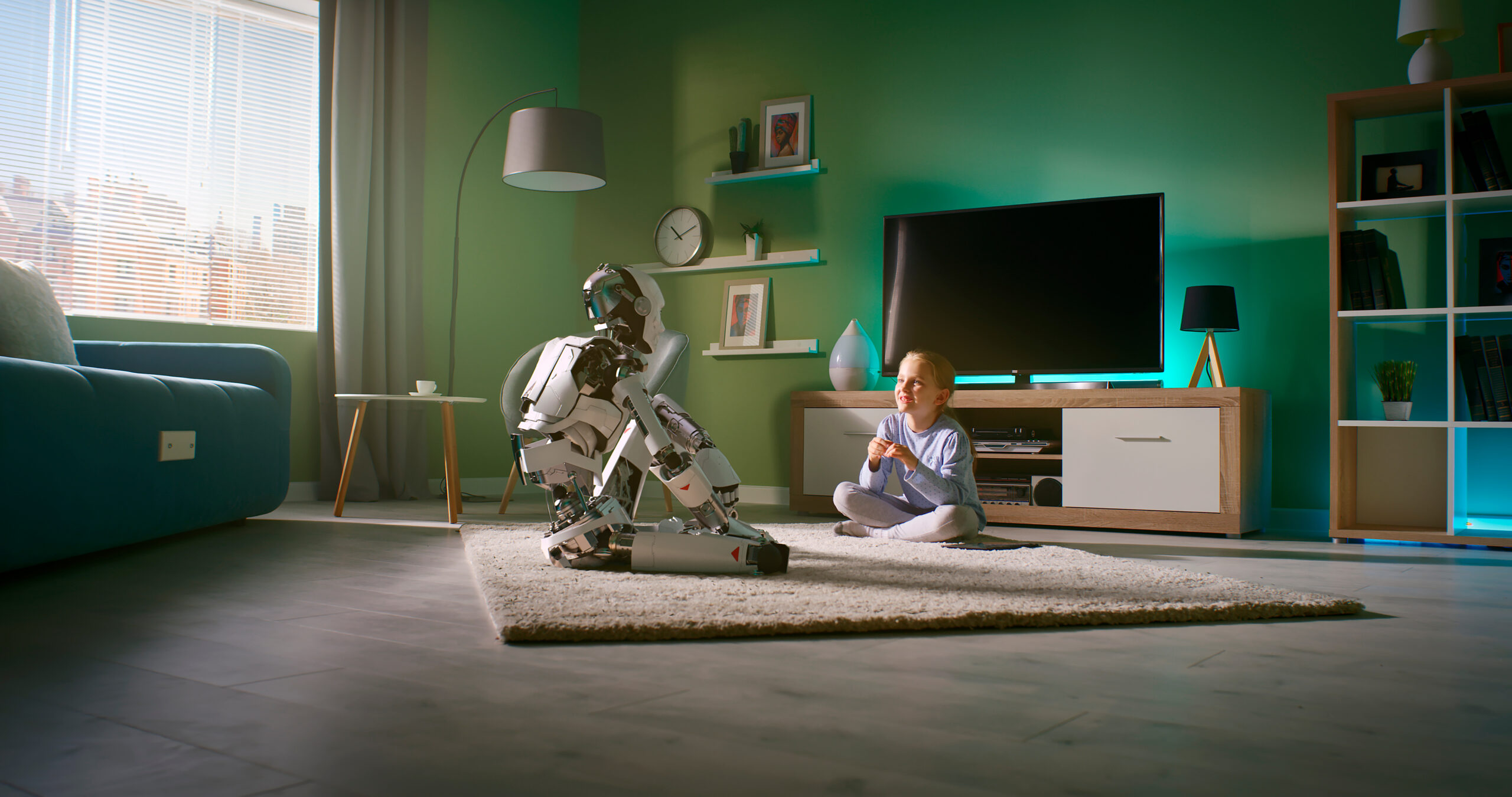 Girl speaking with robotic friend at home