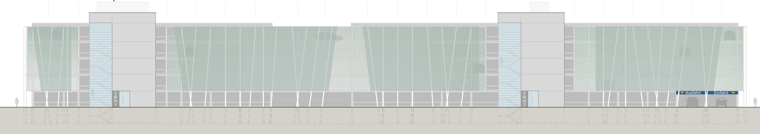 Skizze: Die begrünte Fassade und das begrünte Dach des neuen Parkhauses sind nicht nur optisch attraktiv, sondern tragen auch aktiv zu einer besseren Luftqualität auf dem Campus bei