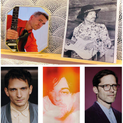 Fotocolage: Eine Hommage an Jimi Hendrix (oben rechts) präsentieren Kim Efert (oben links) sowie Max Andrzejewski, Tobias Christl und Oliver Potratz (unten, v.l.).