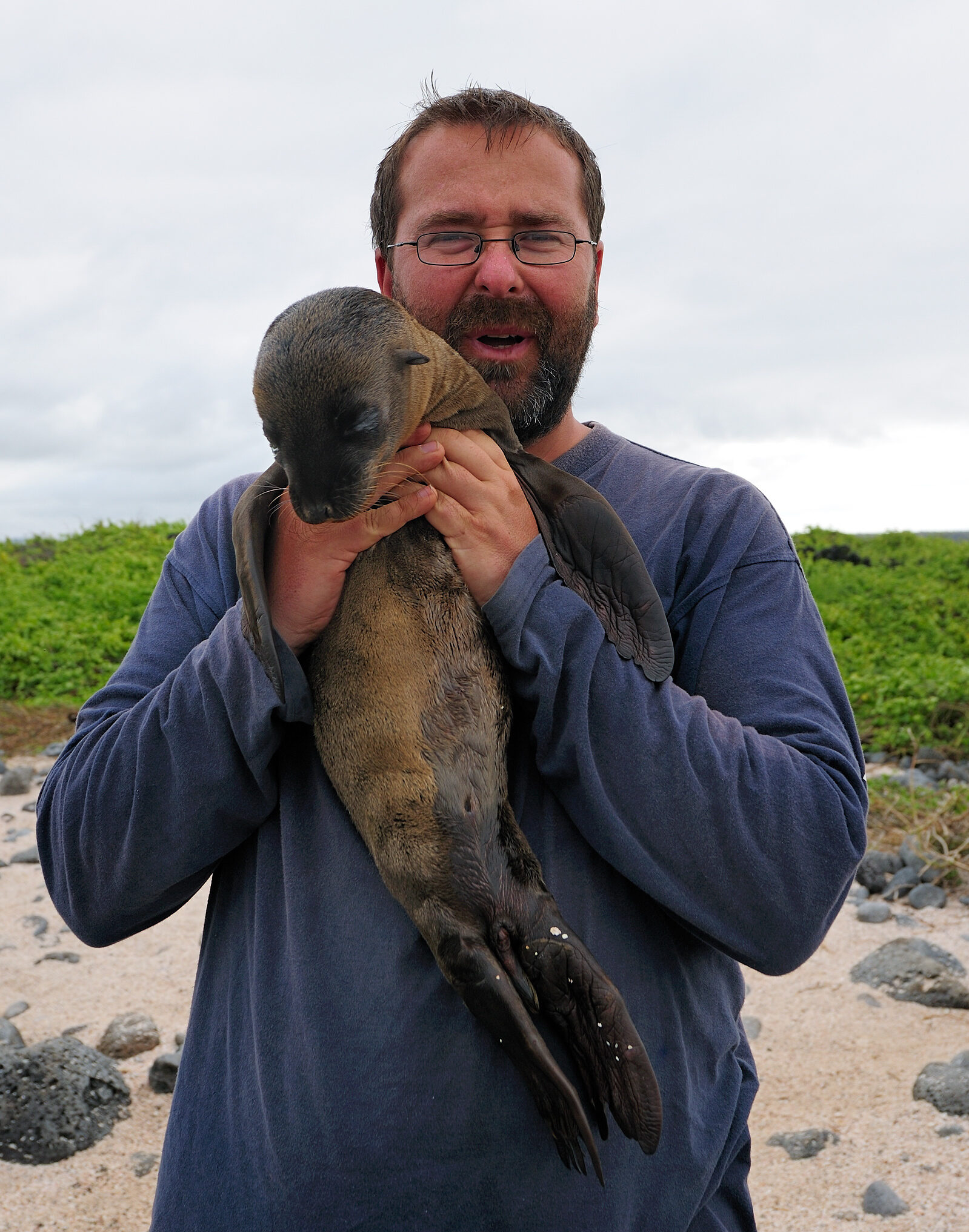 Oliver Krüger hält ein Robbenbaby auf dem Arm