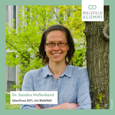 Dr. Sandra Wullenkord, oben rechts das Logo des Absolventennetzwerks, Text: “Abschluss 2011, Uni Bielefeld”.