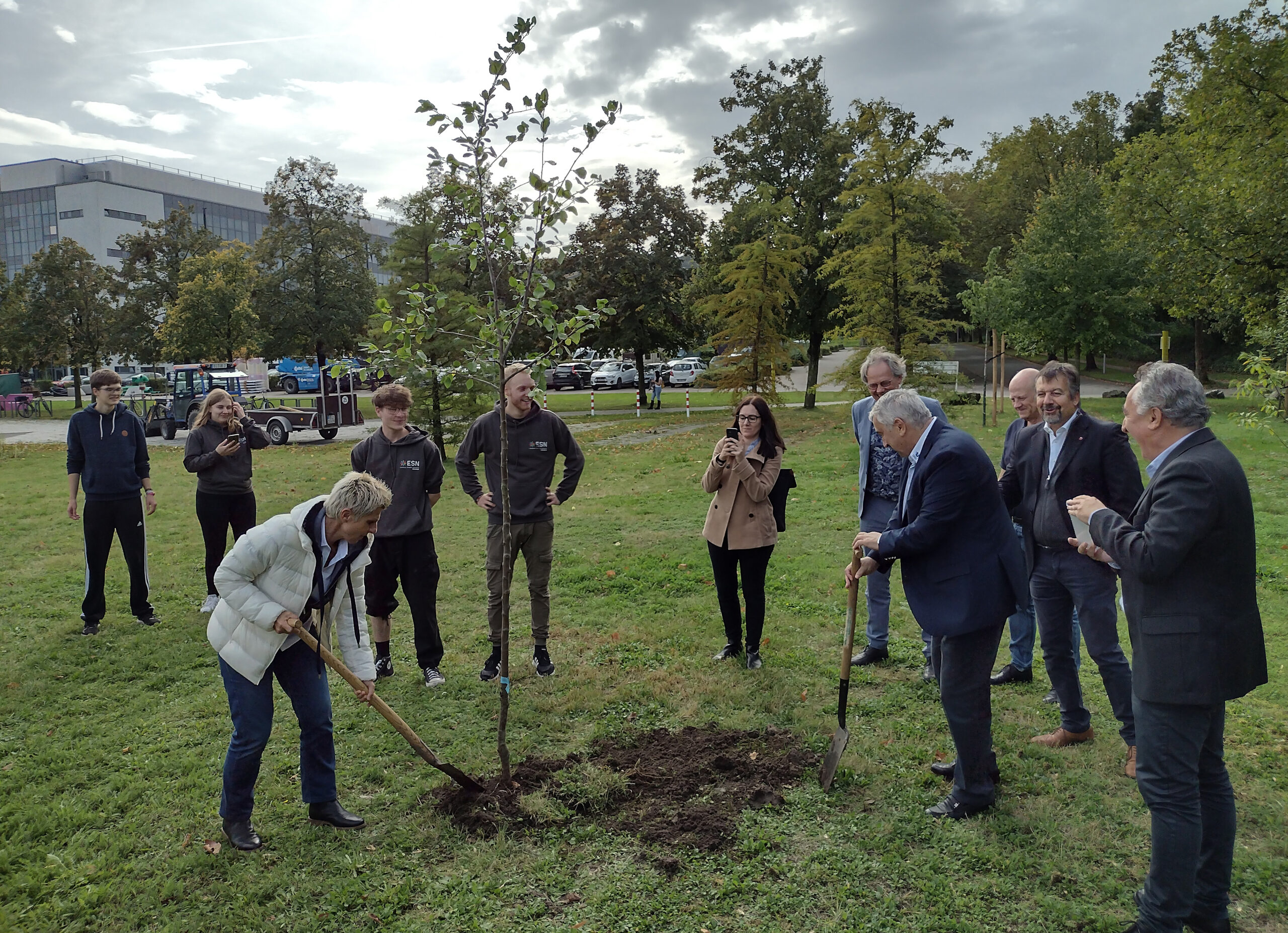 People planting tree in the European forest.