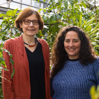 Professor Dr Dorothee Staiger and Dr Julieta L. Mateos in front of plants in a greenhouse