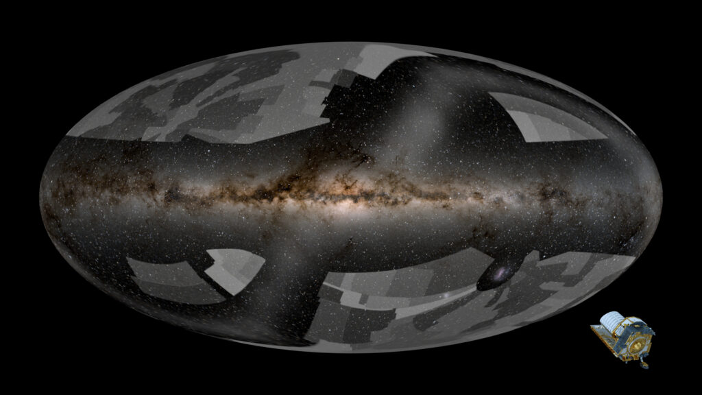 Eine Bildmontage des Weltraumteleskops Euclid und dem Ausschnitt des Weltalls, der in den kommenden sechs Jahre eingescannt wird.