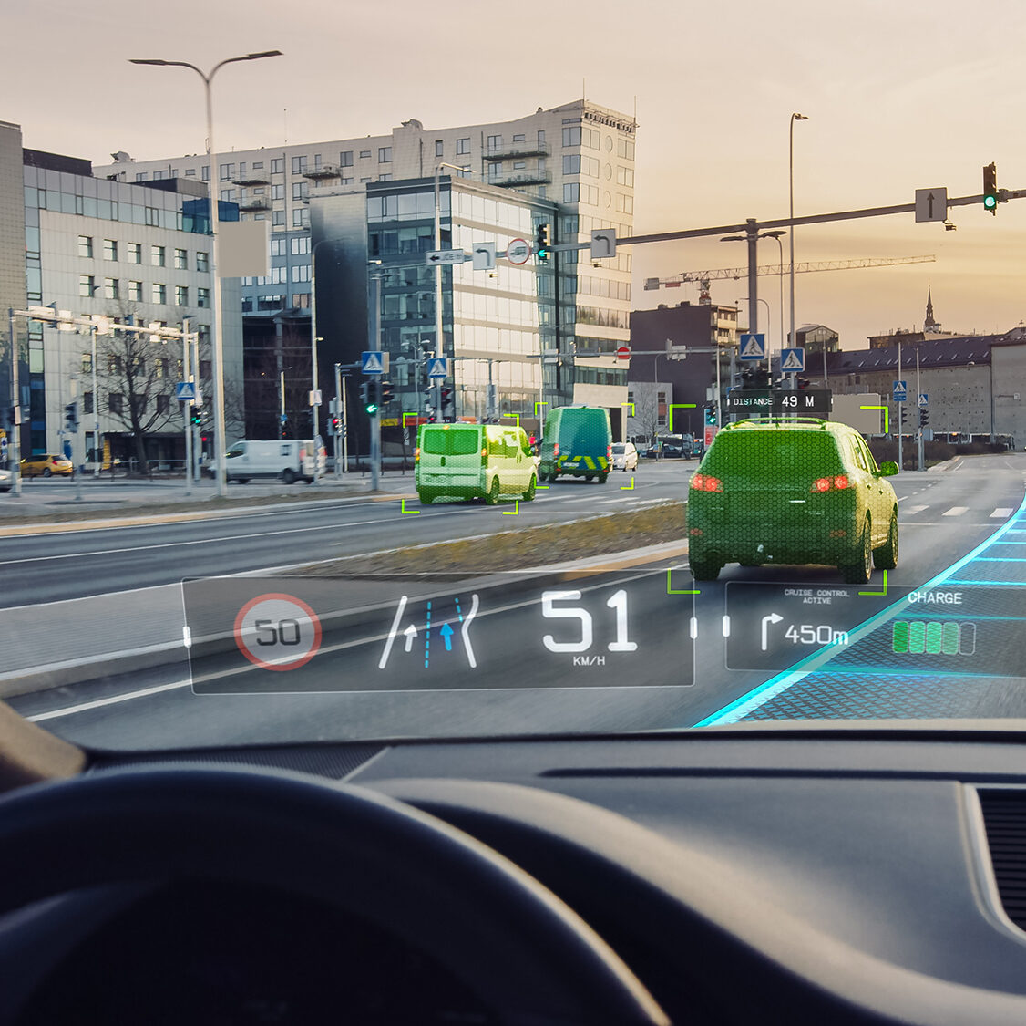 Futuristic Autonomous Self-Driving Car Moving Through City, Head