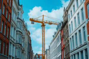 A cityscape with many buildings and a crane in the background. The buildings are mostly white and red, giving the impression of a European city. The crane is a large yellow structure