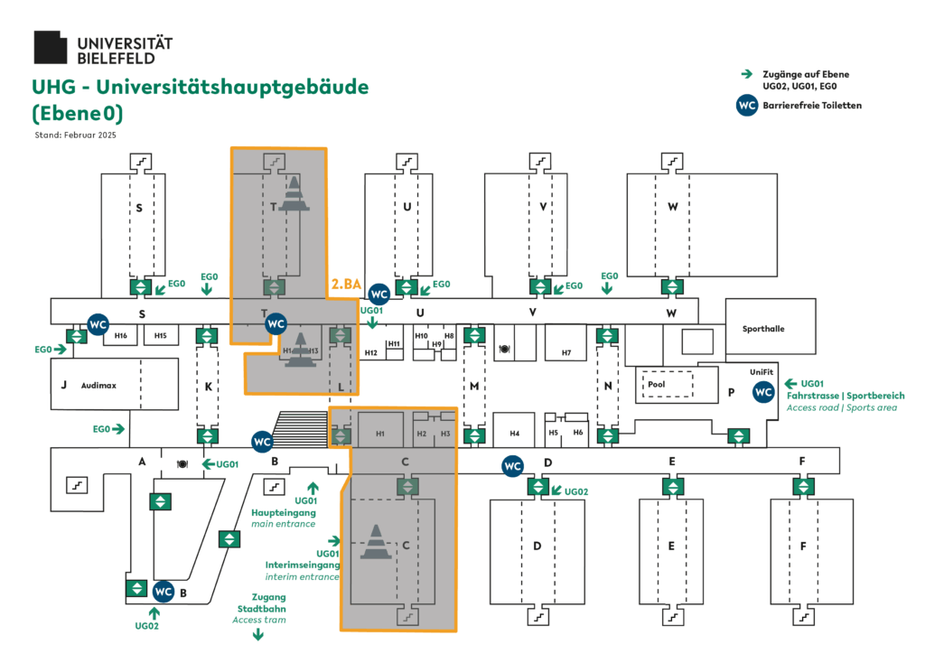 Plan der Unihalle nach Abchluss der Baustelleneinrichtung des 2. Bauabschnitts