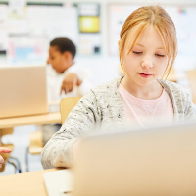 Girl works concentrated at the laptop