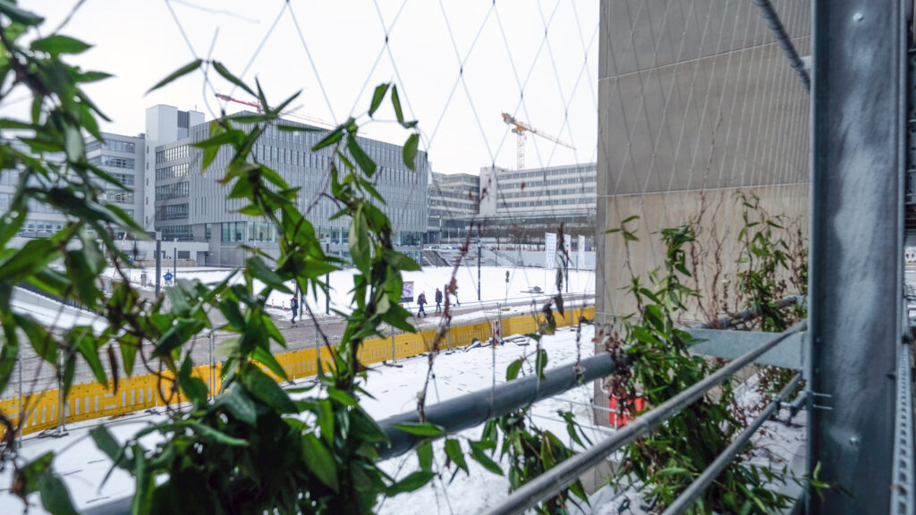 Begrünte Fassade des Parkhauses im Vordergrund, Gebäudteil A/B der Universität im Schnee im Hintergrund.