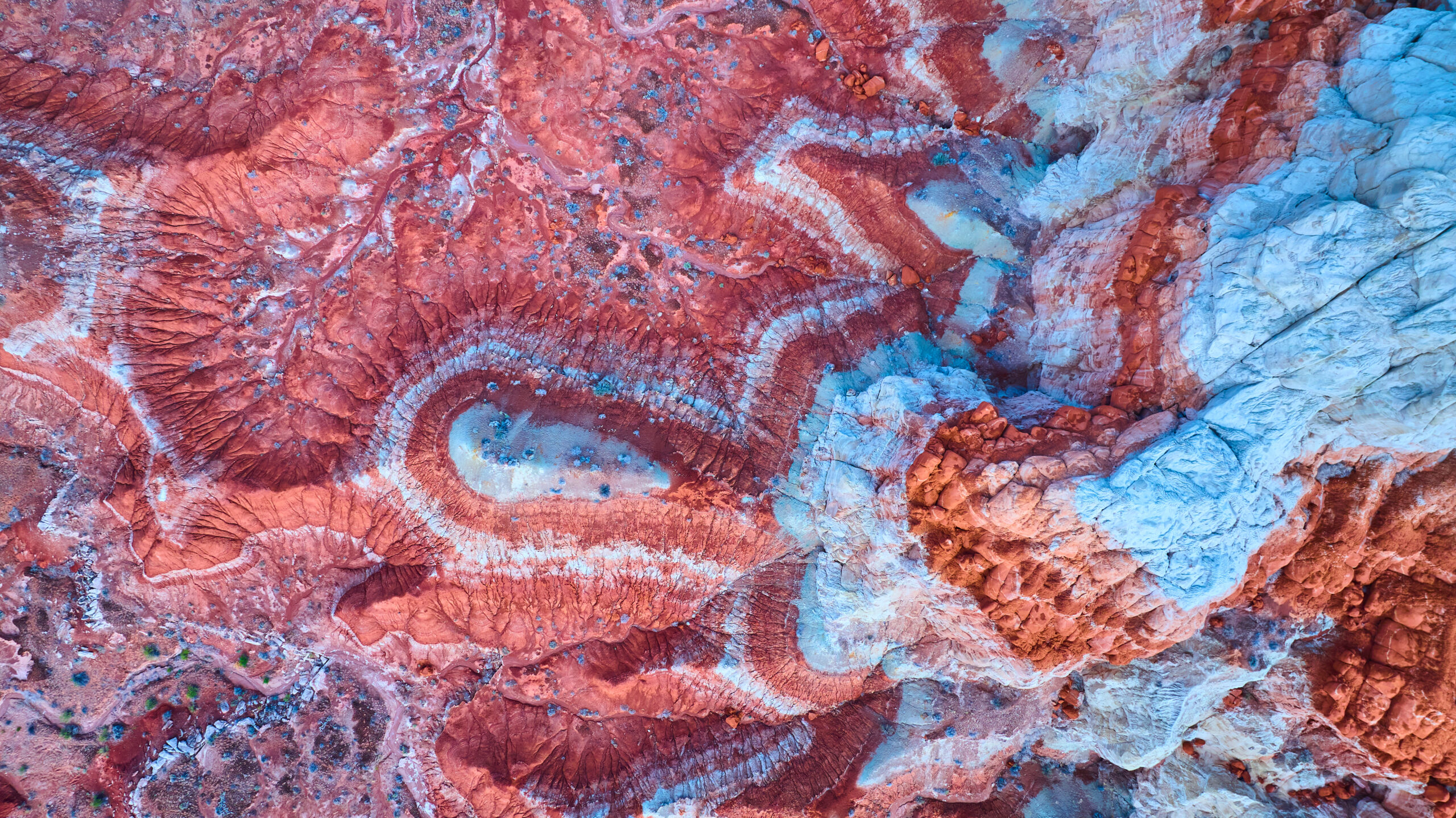 Luftbild der Painted Desert mit wirbelnden roten Felsmustern und erodierten Buttes Luftbild, Luftbildaufnahme, Wüste, rot, Felsen, Muster, Pilz-Hoodoos, Kanab, Utah, Schicht, abstrakt, Natur, Südwesten, Sand, Schichten, Abenteuer, Mineral, Arizona, Textur, blau, isoliert, Umwelt, Formation, Landschaft, unberührt, Erosion, weiß, Reisen, Weite, Vereinigte Staaten, Wildnis, abgelegen, Sonnenlicht, Naturgeschichte, Tag, orange, Wissenschaft, Sediment, goldene Stunde, von oben, Geologie Luftaufnahme der farbenfrohen Painted Desert und der einzigartigen Toadstool Hoodoos in der Nähe von Kanab, Utah, mit lebhaften Gesteinsschichten und abstrakten Mustern, die von der Natur im Südwesten der USA geformt wurden.