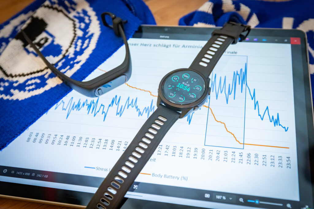 Eine Smartwatch auf einem Holztisch zeigt Gesundheitsdaten an, daneben liegen ein Fitnessarmband und ein blauer Schal. Auf einem Tablet im Hintergrund ist eine Grafik mit wellenförmigen Linien zu sehen, die Herzfrequenz und Stresslevel abbilden.