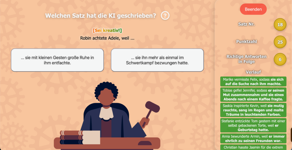 Screenshot eines Dialogfensters mit der Frage "Welchen Satz hat die KI geschrieben?". Darunter eine Quizaufgabe und das cliparthafte Bild einer Richterin oder eines Richters