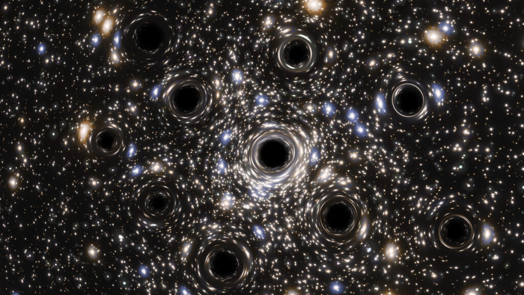 Künstlerische Darstellung des Zentrums des Kugelsternhaufens NGC 6397 mit einer dichten Ansammlung kleiner schwarzer Löcher, die das Licht der umgebenden Sterne durch Gravitationslinsen zu hellen, ringförmigen Mustern verzerren.