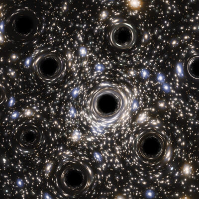 Künstlerische Darstellung des Zentrums des Kugelsternhaufens NGC 6397 mit einer dichten Ansammlung kleiner schwarzer Löcher, die das Licht der umgebenden Sterne durch Gravitationslinsen zu hellen, ringförmigen Mustern verzerren.