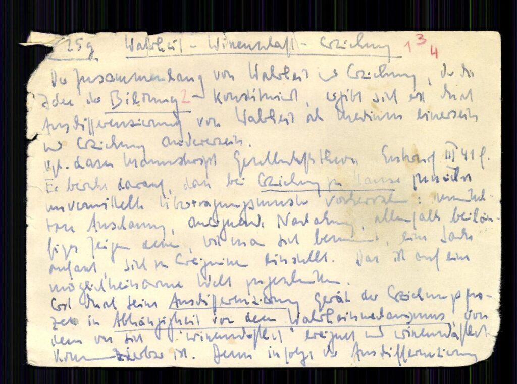 Vergilbter Zettel mit dicht geschriebenen handschriftlichen Notizen in blauer Tinte aus dem Zettelkasten II im Niklas-Luhmann-Archiv