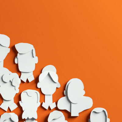Paper cut background, human's faces template, crowd of people. 3D render illustration