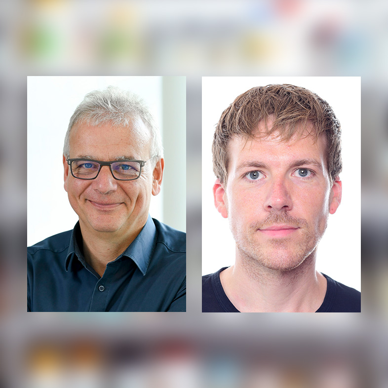 Portraitbilder von einem Mann mit grauen Haaren, der eine Brille trägt und einem Mann mit braunen Harren.
